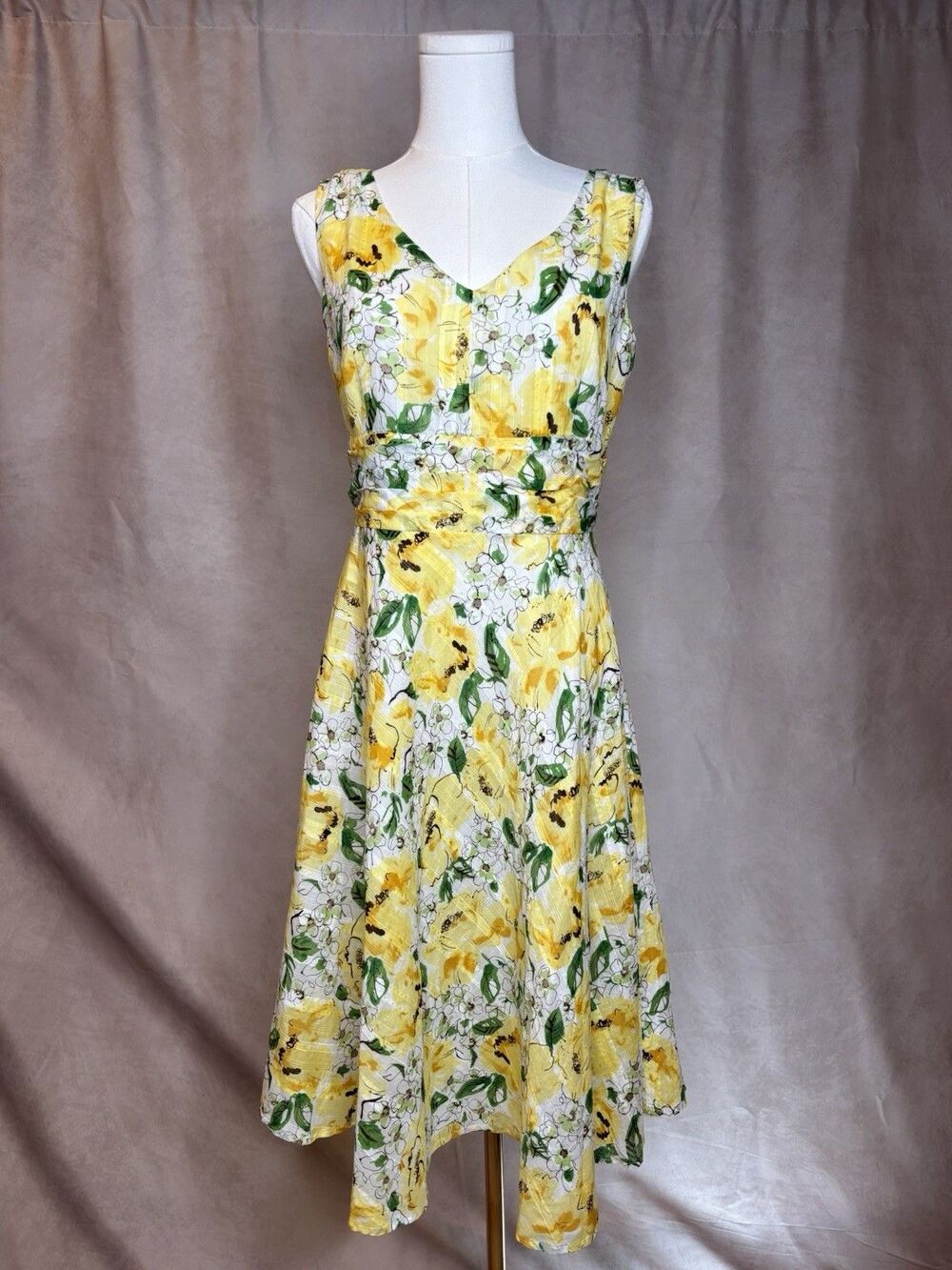 Vtg Robbie Bee Yellow Floral Cotton Dress Petite 10P Cottagecore Sun